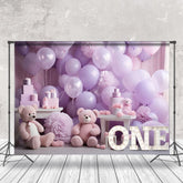 Aperturee - Purple Balloon Bear 1St Birthday Cake Smash Backdrop